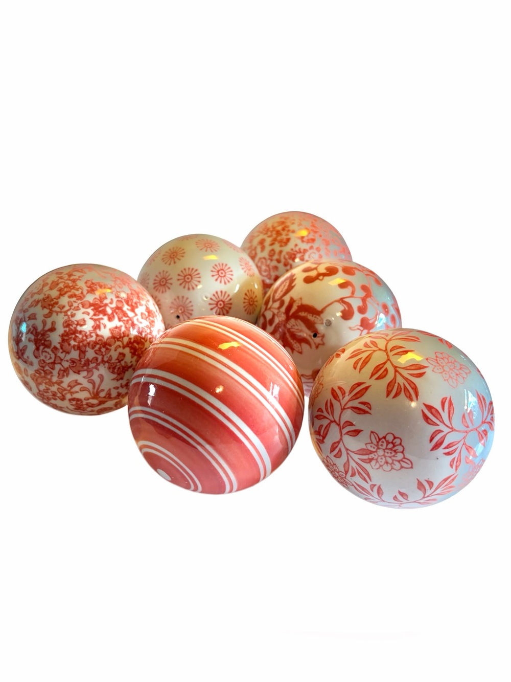 Set of 6 Coral & White Chinoiserie Decorative 3” Ceramic Ball Orbs Carpet Balls